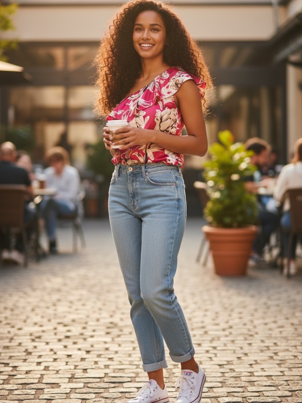 INC International Concepts Pink & Cream One-Shoulder Floral top